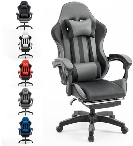 Millhouse Gaming Racing Desk Chair with Adjustable Lumbar Support, Footrest, and Head Pillow, X2022 (Grey)