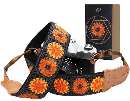 Padwa Lifestyle Sangle Appareil Photo - Extrémités en Cuir de Vachette Ddouble Couche,Sangle D'appareil Photo en Coton Brodé de 2,Bandoulière Photographe Réglable Pour Tous Les Appareils Photo DSLR