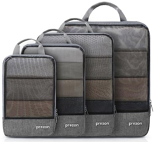 Prezon Set de 4 bolsas de almacenamiento compresibles e impermeables. Complementos para maletas (TPU y nailon), organizadores duraderos. Aptos para hogar, viajes, camping y gimnasio - Gris