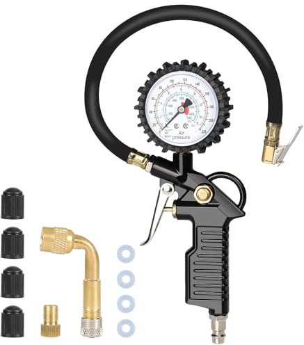 Diealles Shine® Reifendruckprüfer mit Flexiblem Schlauch, Reifenfüller für Auto, Motorrad, Manometer Messbereich: 0-16 BAR/220 PSI
