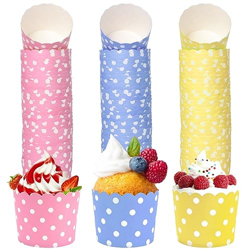 Vueinrg 150 Pezzi Pirottini per Muffin Carta Pirottini Cupcake da Forno Pirottini di Carta Ø6cm per Dessert Festa in Casa Matrimonio Compleanno Laurea Decorazione (Blu, Giallo, Rosa)