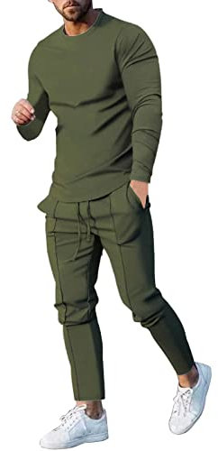 Herren-Wollanzug, 44 l, lässig, einfarbig, zweiteilig, Rundhalsausschnitt, langärmelig, Oberteil, Bluse, Anzug mit Kordelzug, Tasche, Hose, Set, schmale Smokinghose, armee-grün, XXXL