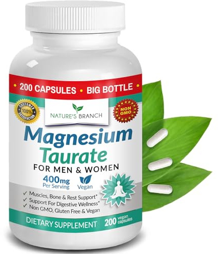 Magnesium Taurate 400mg | High Absorption | 200 Capsules for Sleep, Heart Health, Calm, Joint Supplement for Women and Men | Pure Elemental Mag Powder Plus Taurine - Extra Strength Pills