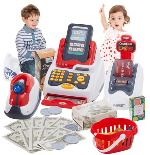 Qivange Toy Till Cash Register for Kids Toys Shop Age 3 4 5 with Scanner and Music, Play Money Pretend Toddler Toys with Food Fruit Basket Milk Credit Card Banknotes, Role Play Shop Toys Birthday Gift