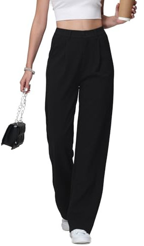 HMIYA Weite Hosen Damen Lässig Gerade Stoffhose Business Elegant Dünne Herbst Hose mit Tasche,Schwarze,M/34L