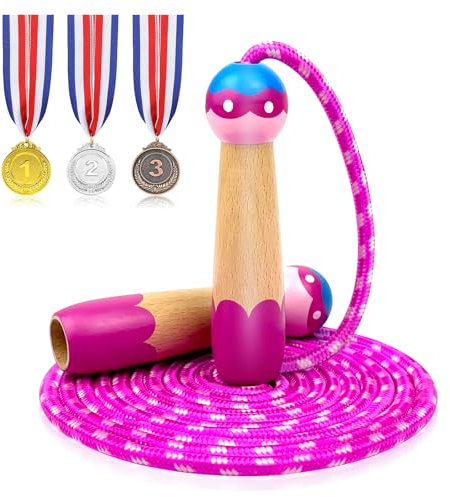 LeapBeast Springseil Kinder, 280cm Verstellbare für Seilspringen, Hüpfseil Set Seil mit Mitteverstärker, Medaille für Motivation ideal als Geschenk, Baumwolle, Holz (Rosa)