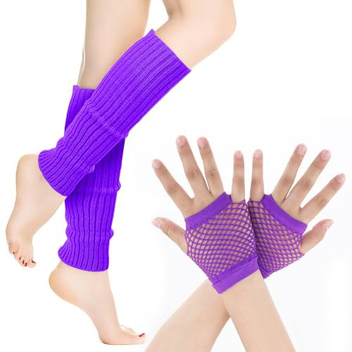 Yolev Neon Stulpen Damen Netz Handschuhe Set Retro Stretch Beinstulpen Netz Fingerlose Handschuhe 80er Jahre Outfit Party Sport Yoga Zubehör Lila