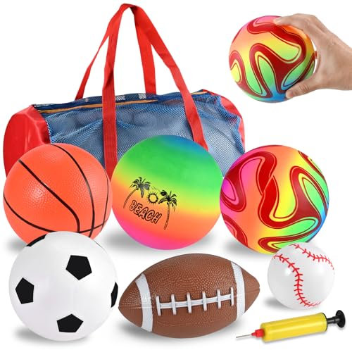 GOLDGE Balls for Toddlers 1-3, 5pcs Soft Foam Balls for Kids with Storage Bag Indoor Outdoor Sports Play Toys for Kids with Rugby Football Soccer Basketball Baseball Volleyball