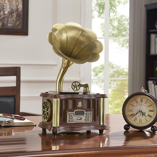 Turntable Gramophone with Bluetooth and FM Radio, Mini Retro Record Player, Remote Control Operated, Great Gift for Family and Friends
