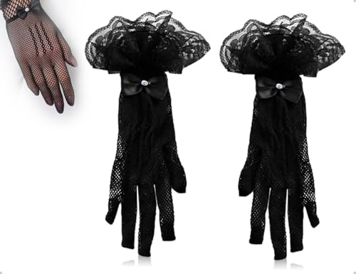 AOYEGIC Guantes de rejilla,guantes de encaje para mujer, elegantes guantes cortos para mujer,accesorios para disfraces de fiesta,para bodas,fiestas de té,bailes de graduación y cenas de ópera(negros)