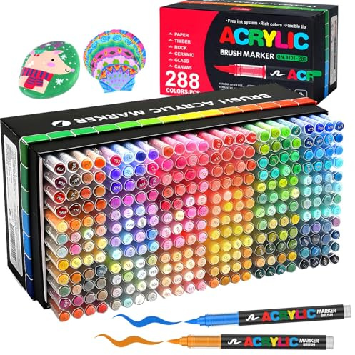 Efimeso 288 Colores Rotuladores Acrilicos, Marcadores Rotuladores Acrílicos Permanentes de Pincel Base Agua para Tela,Pintura en Piedras,Lienzo, Madera, Piedra, Cerámica, Vidrio