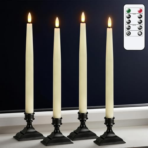 GenSwin Christmas Window Candles, 4 Pcs Battery Operated Window Candles with Remote Timer, Waxy LED Flameless Taper Candlesticks with Black Holder for Christmas Holiday Home Decor(Ivory,0.78”x12.6”)