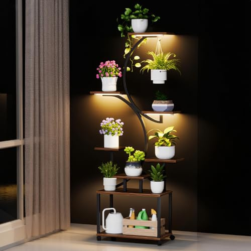 Support pour plantes d'intérieur avec lampes de croissance – Étagère d'intérieur à 8 niveaux avec roulettes, support de plantes de 155 cm de haut pour plusieurs plantes, support d'exposition de fleurs