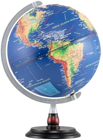 Toolsempire 12 Illuminated World Globe, Desktop Globe with Raised Relief, LED Lights, Time Zone & Non-Slip Wooden Base, Geographic Terrain Globes for Decoration (Navy)