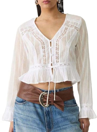 Yoisdtxc Women Boho Tops Lace Tie Up Front Sheer Blouses Spring Fall Casual Tops (C-White, M)