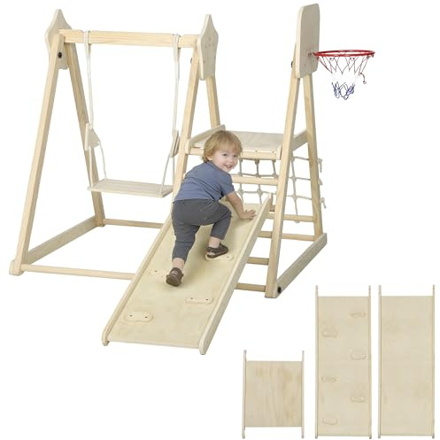 AIYAPLAY Struttura da Arrampicata per Bambini 5 in 1, Parco Giochi in Legno con Scivolo, Pannello e Rete da Arrampicata, Altalena e Canestro, Gioco Montessori Educativi Pieghevole da Interno, 3-6 Anni