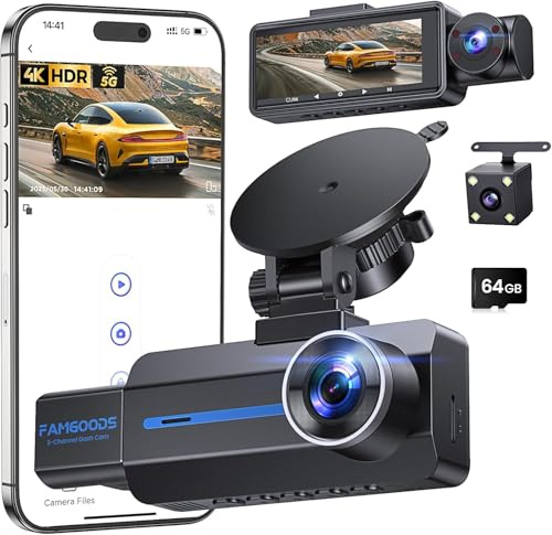 Famgoods Dash Cam Auto Fronte 4K, Retro, Interno, Dashcam Auto 360°, 3.16 schermo IPS, scheda gratuita 64GB, Dashcam Auto 5GHz WiFi, APP, Visione Notturna Super, Sensore G, Registrazione Loop