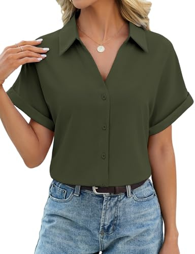 heekpek Chemise Femme Manche Courte Haut Été Col en V | Chemisier Chic et Élégant, Blouse Manches Chauve-souris Tunique avec Boutons, Ample Tops D'été pour Décontractés Travail