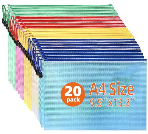 GoHoKi 20 Pack Zip Wallets: A4 Size Mesh Plastic Waterproof Zipped Lock Bags - 5 Color Easy Organization for School Office Home Travel