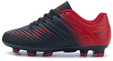 LEOCI Football Shoes - Kid's Anti-Slip Soccer Boots Toddler Outdoor Comfort Cleats Black Red
