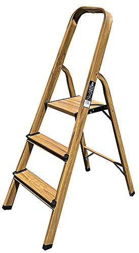 KELI - Escabeau Domestique, Marchepied, Fabriqué en Aluminium Finition Bois (Chêne Naturel) (3 Marches (Hauteur de Travail 2,07))