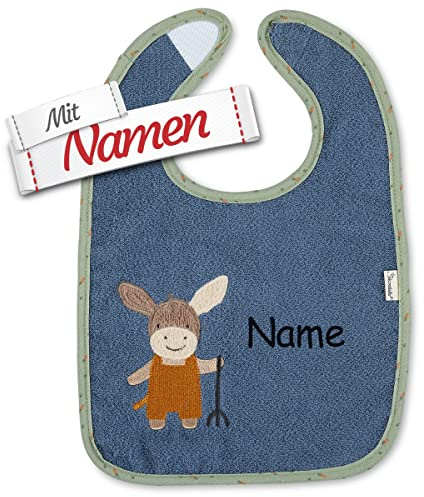 LALALO Sterntaler Esel Emmilius Garden Lätzchen mit Namen bestickt, Baby & Kleinkind Spucktuch, Junge Klettlätzchen Halstuch/Babylätzchen in Blau, Personalisiert zur Taufe