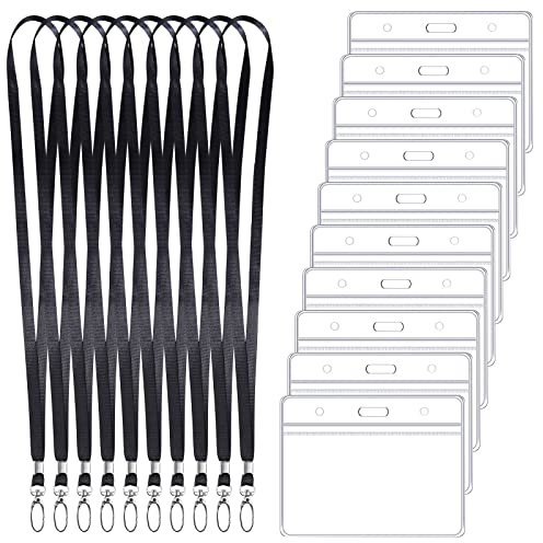 Ausweishülle mit Band Set, 10 Stück Transparente Kartenhülle 10 Stück Schlüsselband Schwarz mit Drehbarem Clip, Ausweishalter für Studenten Mitabeiter