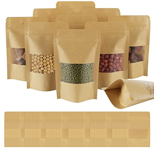 AUAUY Lot de 100 pochettes verticales en papier kraft avec fenêtre, 10 x 15 cm, sacs refermables avec encoche de déchirure, sacs en papier à fermeture éclair pour la maison ou le travail