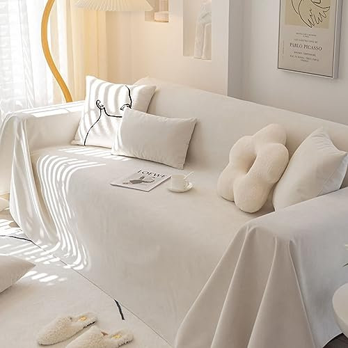 Homxi Sofa Überzug Zweisitzer,180x220CM,Sofabezüg Einfarbig Überwürfe für Sofa Chenille Sofa Handtuch Beige Weiß Sofahusse