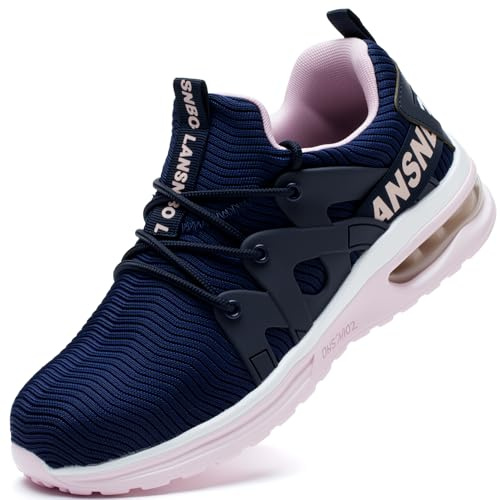 LANSNBO Steel Toe Shoes for Women Indestructible Safety Work Shoes Air Cushion Lightweight Breathable Utility Sneakers Puncture Proof Slip Resistant Composite Toe Footwear（Zi Fen 39.5 Purple,Pink
