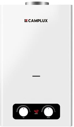 CAMPLUX 10L/min Calentador de Agua a Gas Domestico BY264, Butano (28-30 mbar)/ Propano (37 mbar), 20kW, 3V