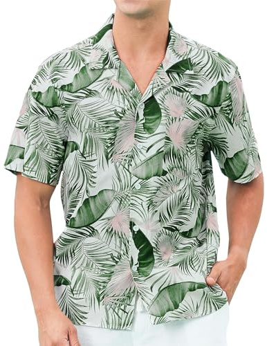 HISDERN Chemise Hawaïenne Homme Coton Été Chemise Manche Courte Button Down Chemises Palmier Tropicale pour Vacances Festival Plage Vert XL