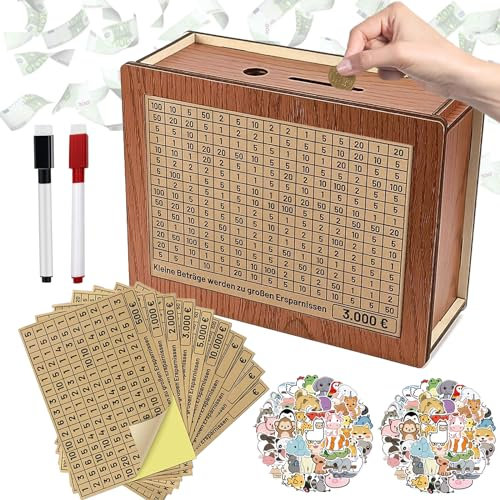 Spardose Holz,Sparbox mit Zahlen,Sparbox,Sparbox Mit Sparziel,Retro Sparbüchse Aufbewahrungsbox,Spardose Zum Ankreuzen,Spardose €500 €1,000 €2,000 €3,000 €5,000 €10,000 Euro, Sparen Lernen