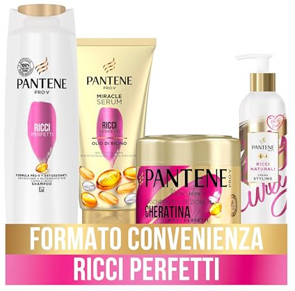 Pantene Pro-V Ricci Perfetti, Set Regalo Capelli Ricci: 1x Shampoo Ricci 225 ml, 1x Balsamo Miracle Serum Ricci 150ml, 1x Maschera Protezione Cheratina Ricci 300ml, 1x Crema Styling 235m