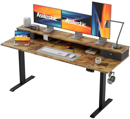 Agilestic Höhenverstellbarer Schreibtisch mit 2 Schubladen, 160 x 60 cm, Schreibtisch Höhenverstellbar Elektrisch, Gaming Tisch, Computertisch, Memory-Funktion mit 2 Höhen, Braun