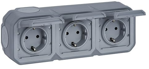 LEGRAND, Plexo New Feuchtraum-Steckdose, 3-fach, Schuko-Standard, inklusive Klappdeckel, Berührungsschutz, Steckklemmen, vorverdrahtet, horizontal, IP44 - IK07, Farbe: Grau, 069743L