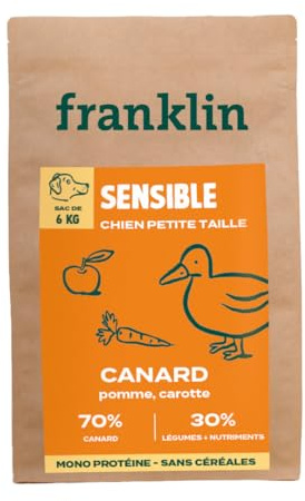 Franklin – Croquettes Chien sans Céréales – Gamme Protéinée – avec 70% de Canard – Mono-protéine – Digestion Facile – Taille 8mm – 6 kg