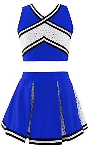 YiZYiF Kids Girls Cheer Leader Costume Halloween Uniform Party Fancy Dress Cheerleading Outfit Shiny Crop Top with Skirt Set Royal Blue 7-8 Years