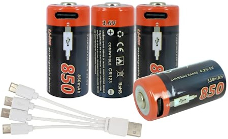 PowerSmart 4 batterie agli ioni di litio USB CR123 da 3,6 V, 850 mAh, con connettore di tipo C