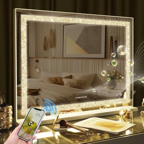 FENCHILIN Espejo de Maquillaje con Bluetooth, 80 x 60 cm, Iluminacin LED, Cristal Triturado, Altavoz Integrado, 3 Colores Regulables, Puerto USB