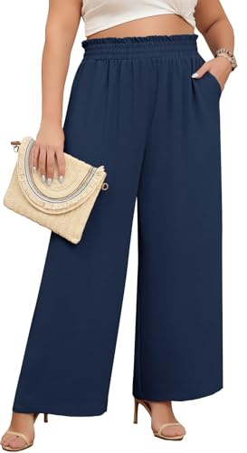 Lastshe Women's Plus Size Pants Maternity Curvy Clothes Hide Drawstring Palazzo Trousers for Women with Pockets,Dark Blue,3X