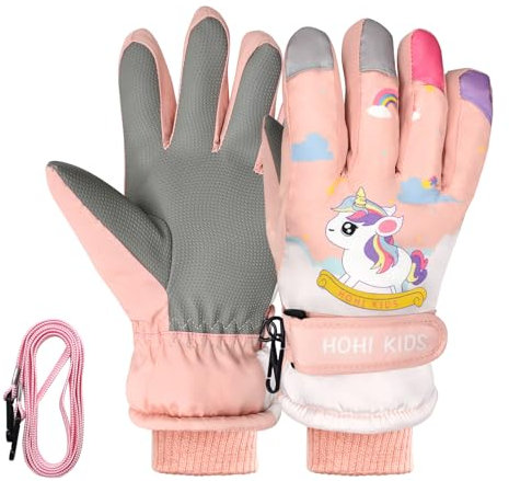JNUYISW Kinder Skihandschuhe, Wasserdicht Winddichte Warme Winterhandschuhe für 4-12 Kinder Jungen Mädchen, Einhorn Kinderhandschuhe Schneehandschuhe für Laufen Snowboard Skifahren Radfahren (Rosa, M)