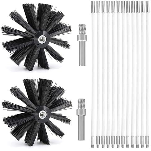 Kit Nettoyage Poêle à Granulés, Kit Ramonage Poêle Pellet, Buche de Ramonage Brosse Hérisson de Ramonage Cheminée pour Conduits (5 Mètres en 12 Cannes de 410mm+2 Tête Brosses Nylon 150mm+Accessoires)