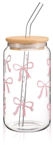Cosmeria Bow Glass Mug 16 oz with Lid and Straw, Elegant Gift for Best Friend, Decorative Bow Design, Versatile Drinking Glass