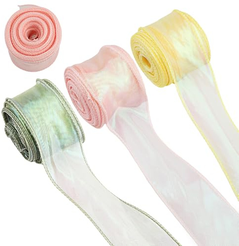 Cinta Regalos,3 Piezas Cinta de Satin y Organza - Elegante y brillante, 90mm x 9m, ideal para decoración de regalos y fiestas, colores: Verde, Rosa, Amarillo
