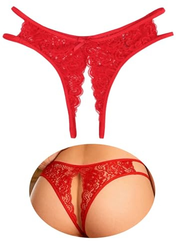 comeondear Tangas Abierto Mujer de Encaje Bragas Brasileñas Transparente Sexy Braguitas Talla Grande Cintura Baja Tangas Sexy para Mujer Thong Underwear Bikini Panties Rojo,S