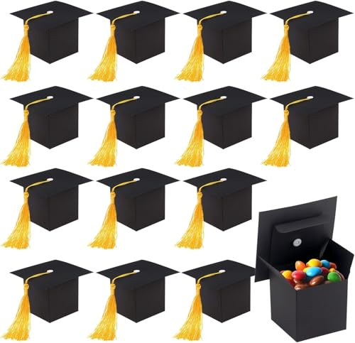 ZDNT 30 cajas de dulces de graduación, caja de regalo con forma de gorra de doctorado, caja de dulces con forma de sombrero de graduación, cajas de dulces de chocolate negro con borla amarilla para