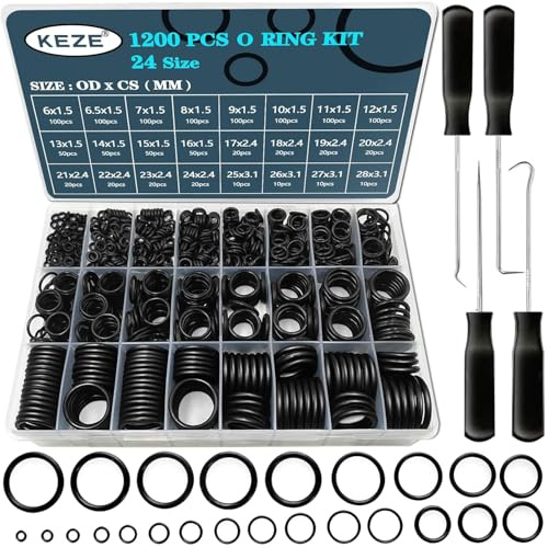 KEZE 1200 st 24-storlek universal gummi o-ring sortiment kit med 4-delad precision plockning och krokuppsättning för auto fordon kran VVS-try OD: 6mm-28mm O-ring