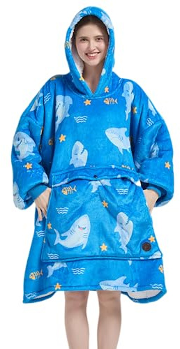 VERTAST Übergroße Hoodie-Decke, Sweatshirt für Herren und Damen, Sherpa-Fleece, tragbare Decke, Sweatshirt, warmes Geschenk für Gamer, Sofa-Liebhaber, Lake Blue – Hai, Audlt
