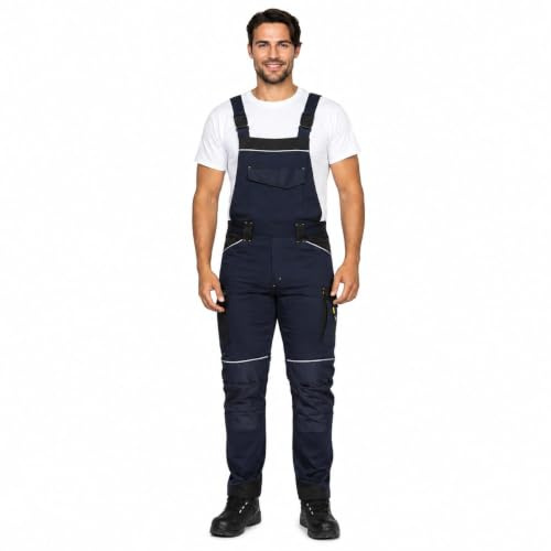 BWOLF Daytona hängselbyxor herr arbetsoverall stretch – 97 % bomull 3 % elastan, med Oxford 600D förstärkning, re-flect reflektorer, multifunktionella fickor, blå, 3XL